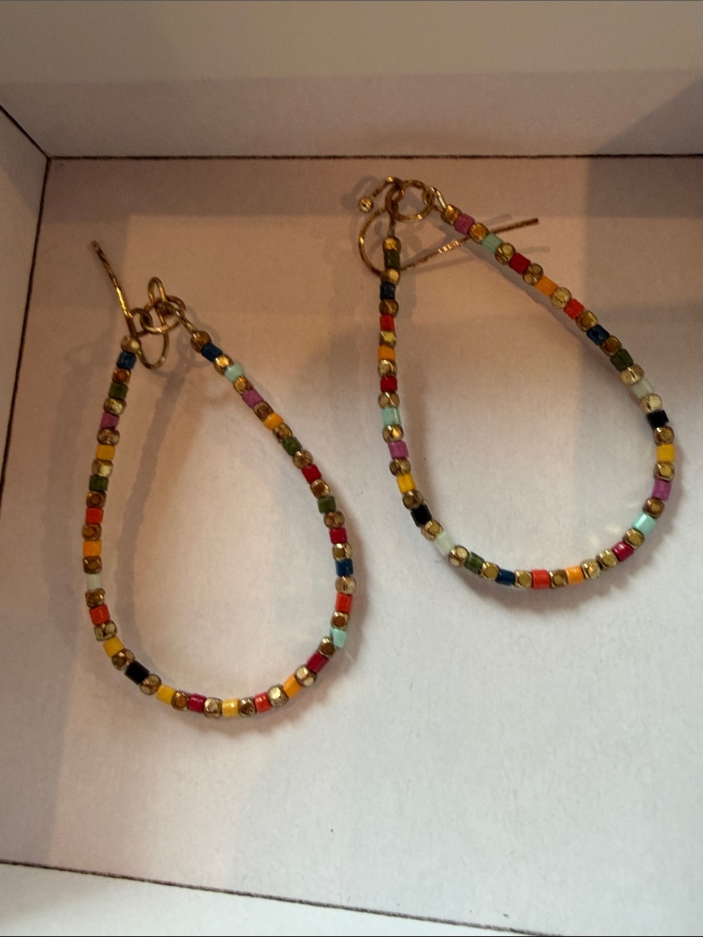 Multicolor Seed Bead Teardrop Hoop Earrings with Gold Accents